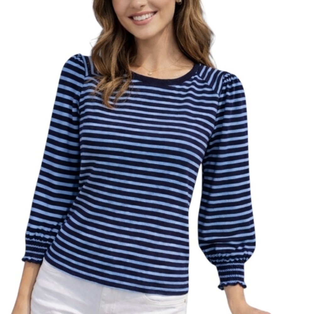 Talbots Atlantic Stripe Smocked Cuff Crewneck Tee Nautical Preppy  M Petite